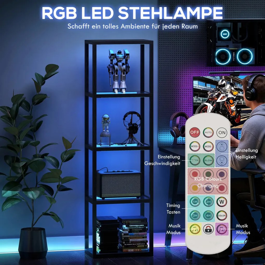 Állólámpa RGB üvegpolcokkal, 4-szintes LED állólámpa távirányítóval, fekete
