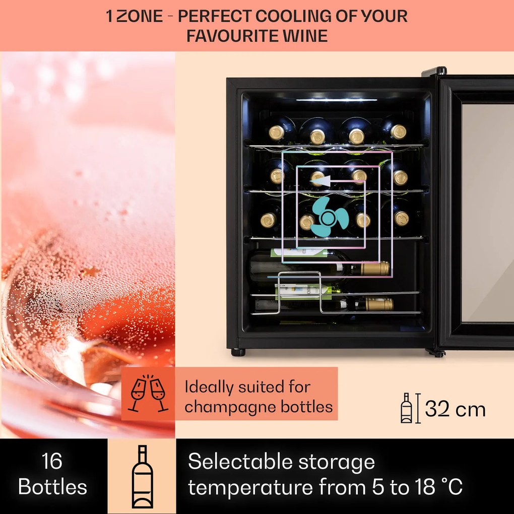 Klarstein Shiraz, borhűtő, 42 liter, 131 W, 5 - 18 °C, érintőképernyős vezérlőpanel, fekete