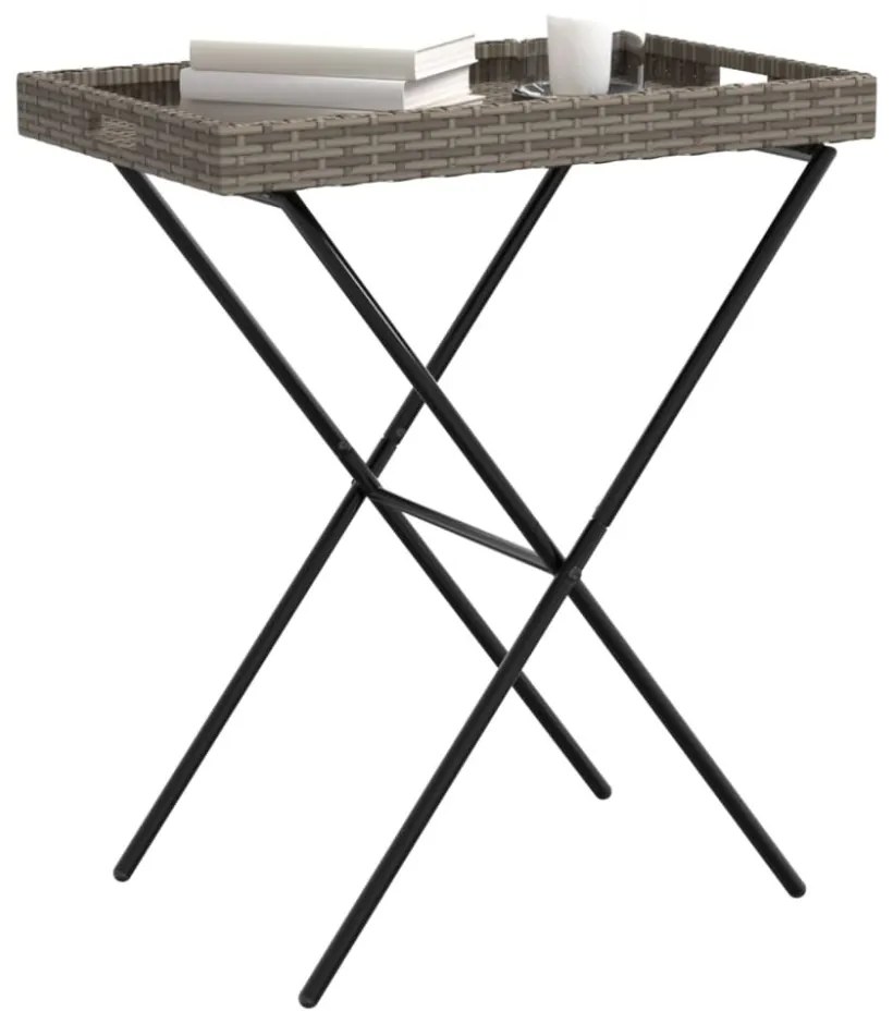 szürke összecsukható polyrattan tálcaasztal 65 x 40 x 75 cm
