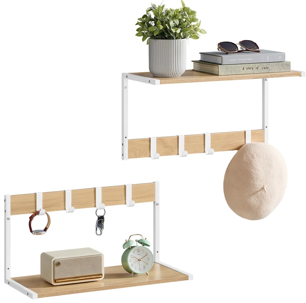 Fali polc kampókkal VELORY szett 2 db 50x24,2 cm, fehér/dub sonoma