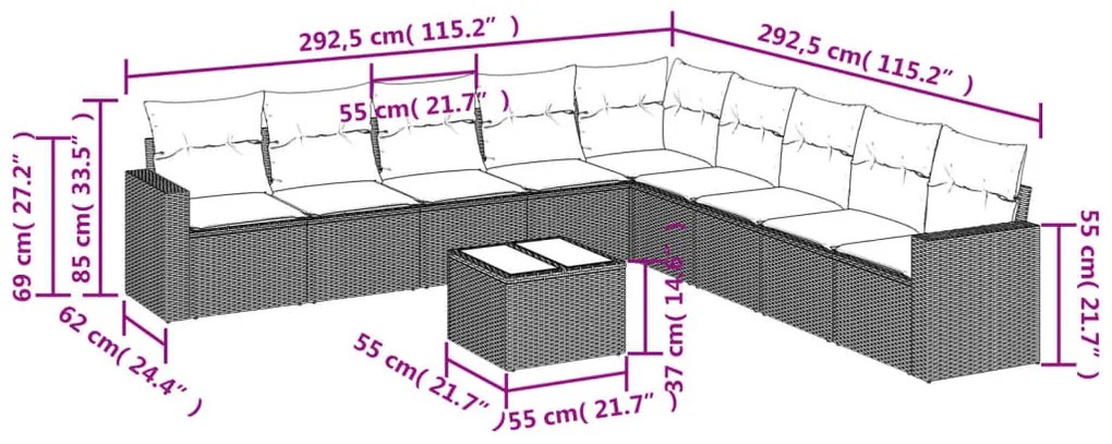 10 részes világosszürke polyrattan kerti ülőgarnitúra párnákkal