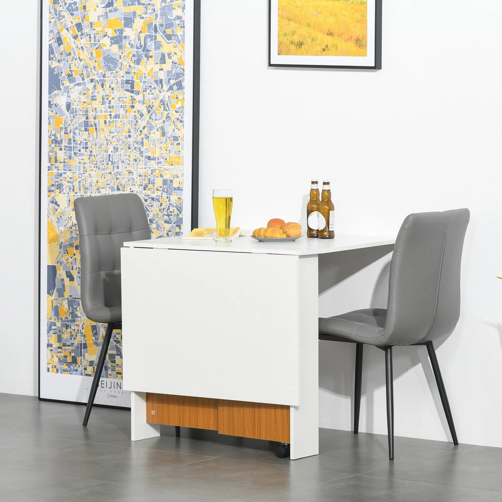 HOMCOM Összecsukható Étkezőasztal Kerekekkel - Multifunkcionális Konyhai Asztal 2 Összecsukható Szárnnyal 120x80x73 cm Fehér és Tölgy | Aosom