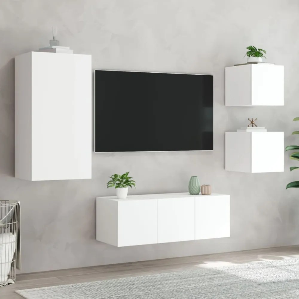 5 darab fehér szerelt fa fali TV-bútor LED-del