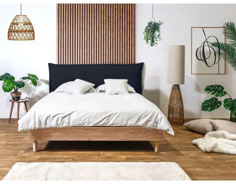 Sötétkék-natúr színű franciaágy ágyráccsal 160x200 cm Charlie – Bobochic Paris