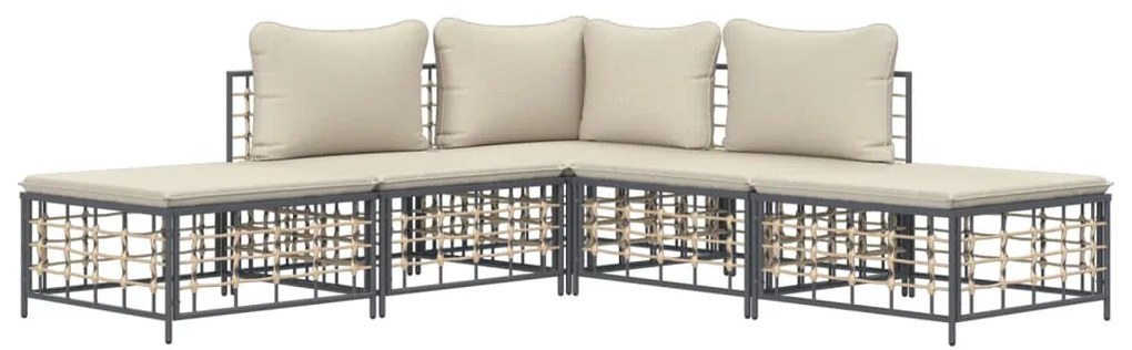 5 részes antracitszürke polyrattan kerti ülőgarnitúra párnákkal