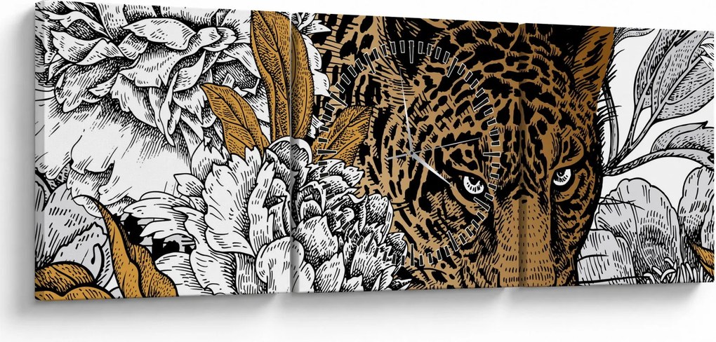 Kép - leopárd a virágok között (órával) (90x30 cm)
