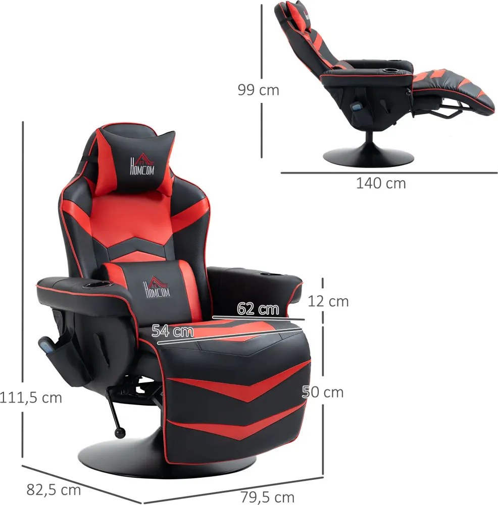 HOMCOM Prémium Gamer Szék, masszázs funkció, dönthető háttámla, lábtartó, acél keret, műbőr, piros