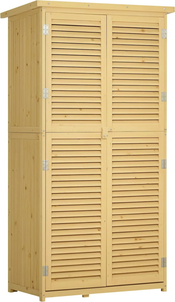 Outsunny Fából készült Kerti Eszköztároló Fenyő és Lucfenyőből 4 Rekesszel, Kerti Szerszám Tároló Szekrény Vizesálló Tetővel, 87x46.5x160 cm, Fak szín