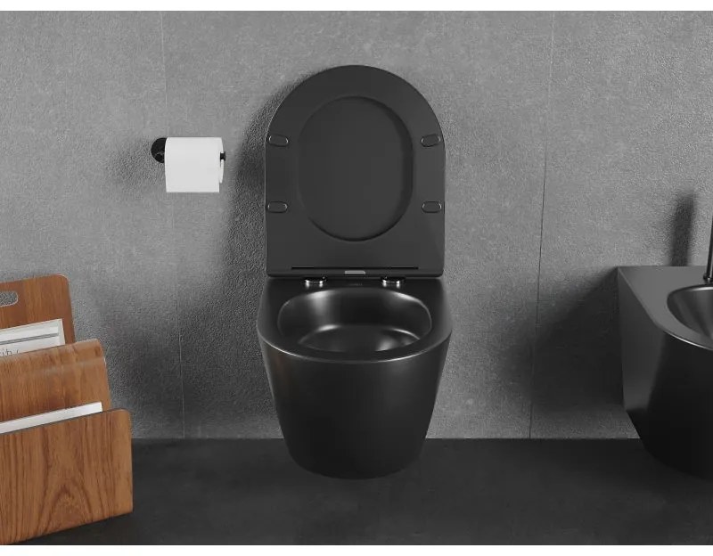 Mexen Lena, falra akasztható wc csésze 490x360x340 mm, Perem nélküli Tornado + duroplast wc ülőke, matt fekete, 30221085T