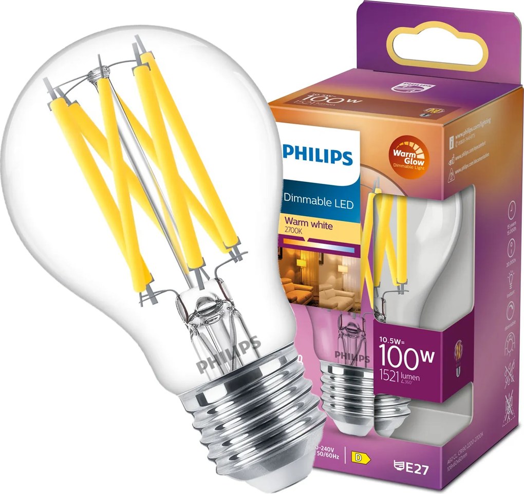 Led izzó E27 A60 10.5W 100W 1521lm 2700K Tompítható Filament Philips
