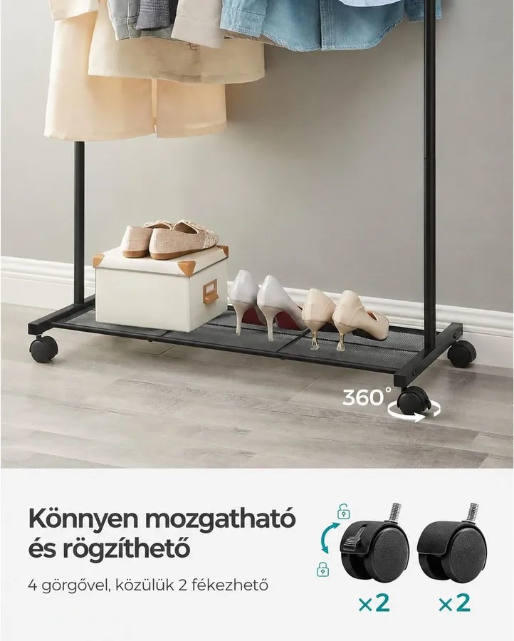 Fém ruhatartó kerekekkel, tárolópolccal, fekete
