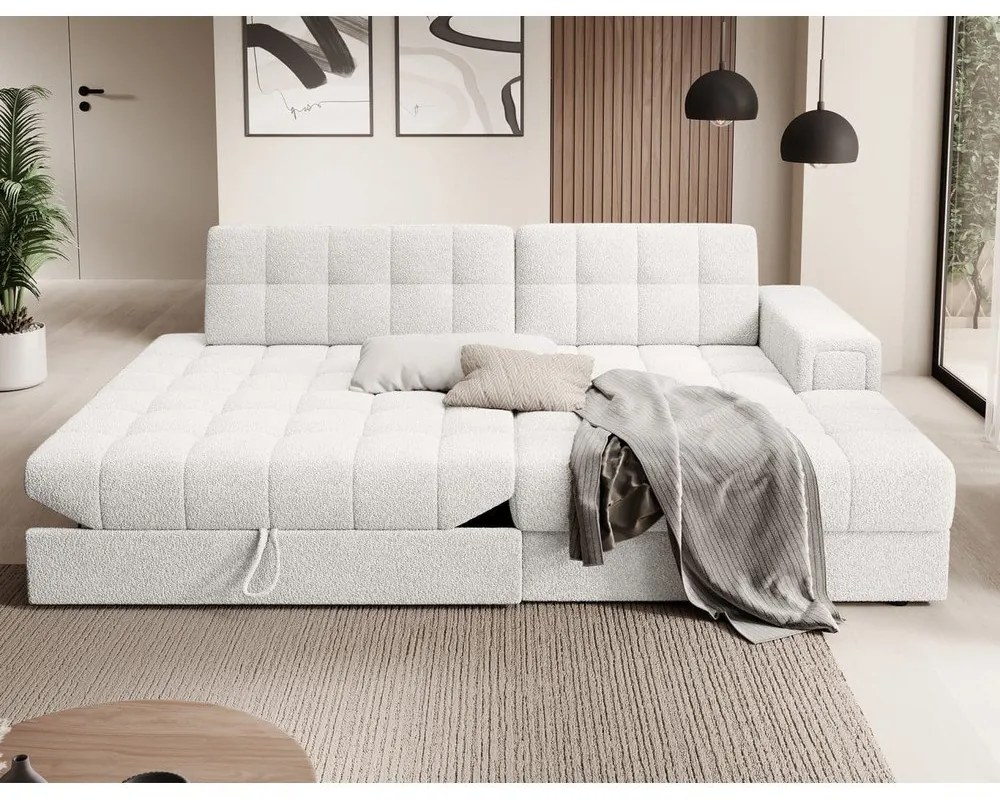 Krémszínű buklé kinyitható sarokkanapé (jobb oldali-heverő résszel) Blezalt – ELTAP