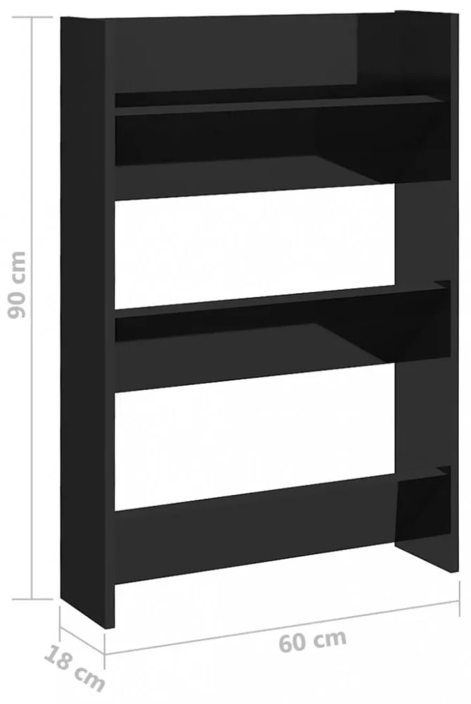 2 db magasfényű fekete szerelt fa fali cipősszekrény 60x18x90cm