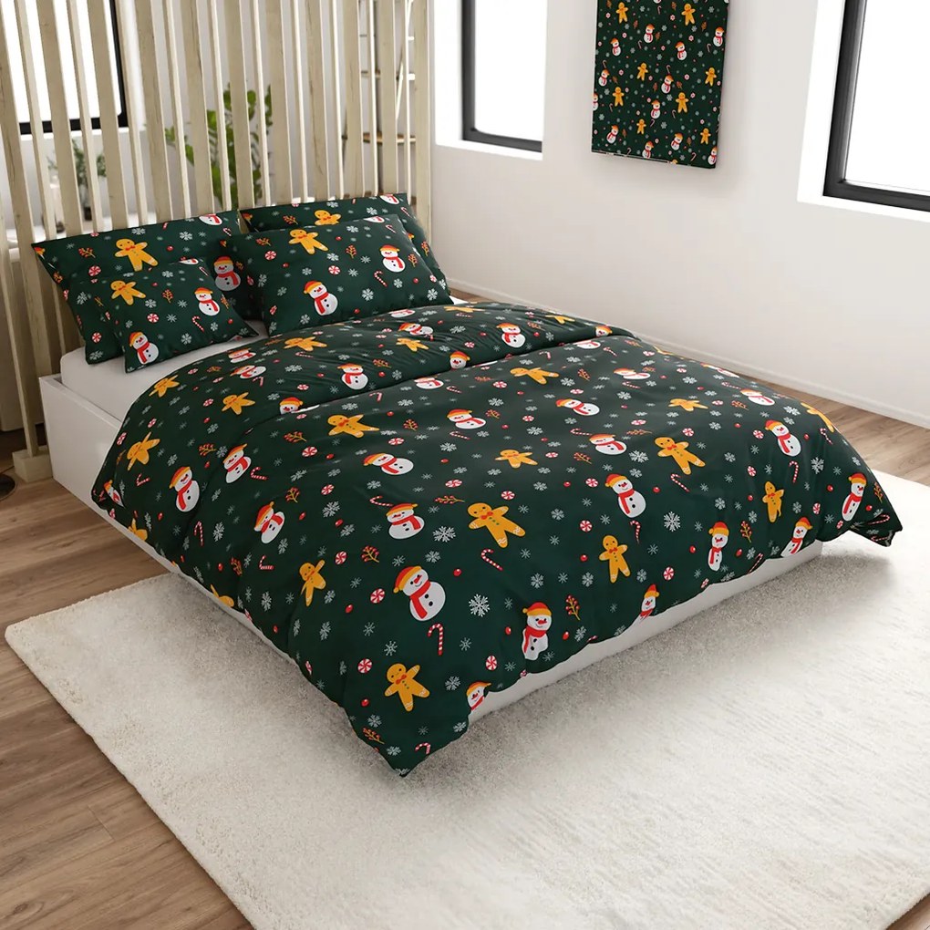 Polipamut ágynemű SNĚHULÁK ÉS MÉZESKALÁCS POLY zöld Ágyneműhuzat mérete: 2 db 70 x 90 cm | 200 x 220 cm