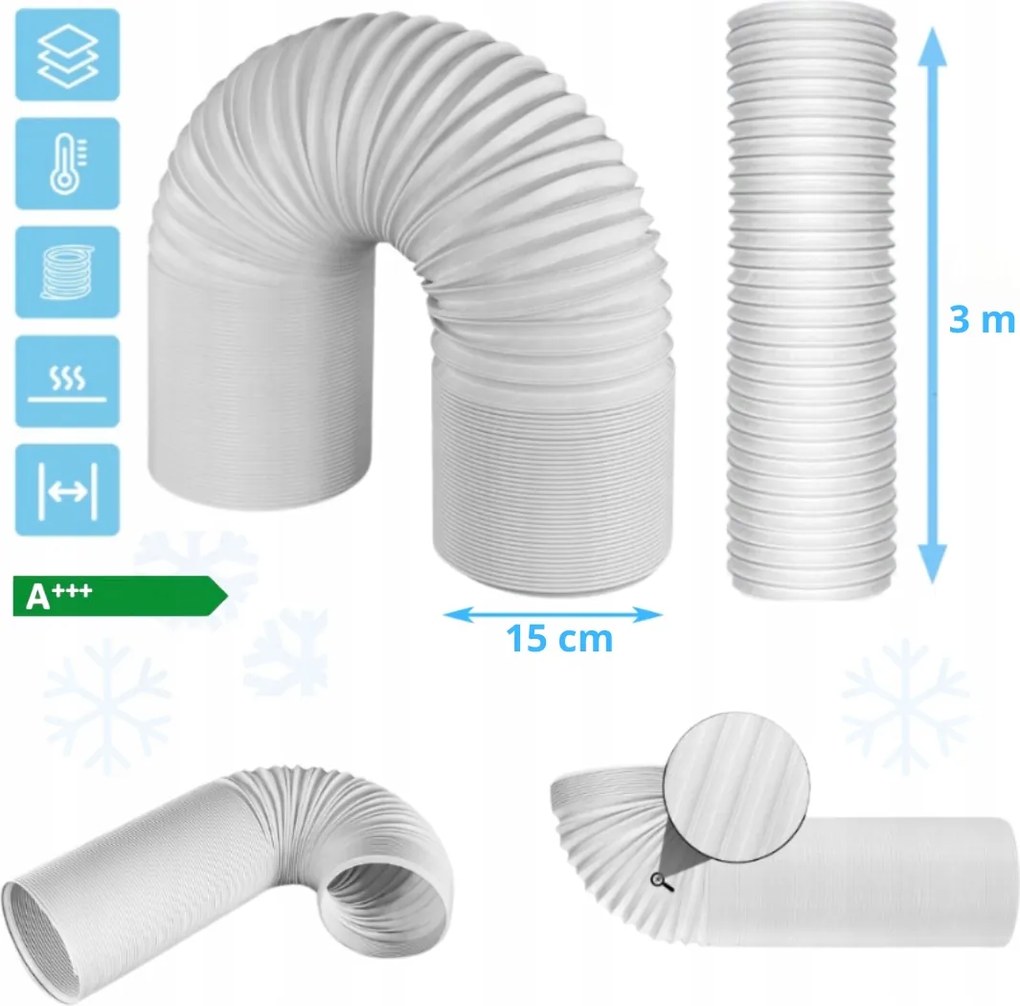 Klíma Cső 15cm x 3m Hordózható Klímához Fehér Ablak Kémény