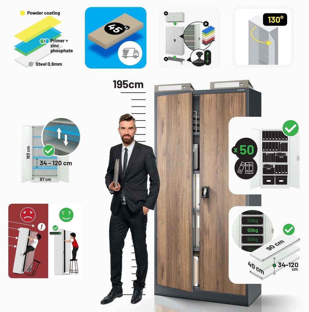 Fém iratszekrény JAN H, 900 x 1950 x 400 mm, Eco Design: antracit/ dió