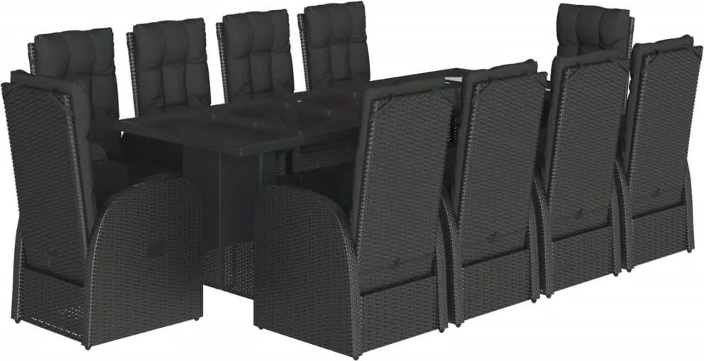 vidaXL 11 részes fekete polyrattan kerti étkezőgarnitúra párnákkal