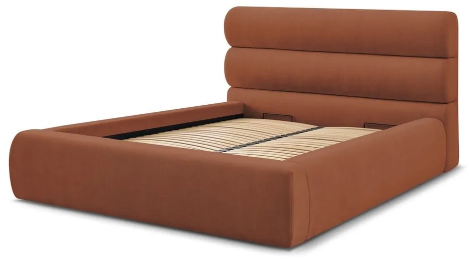 Narancssárga kárpitozott franciaágy tárolóhellyel, ágyráccsal 160x200 cm Jagna – Bobochic Paris