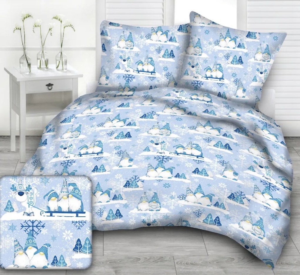Karácsonyi manók kék pamut ágyneműhuzat TiaHome - 1x Párna 90x70cm, 1x Paplan 140x200cm