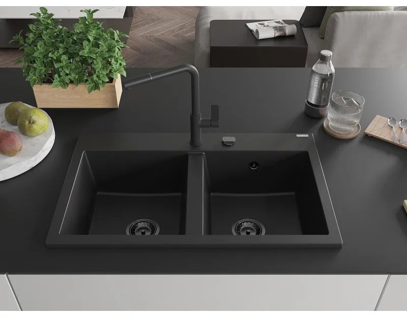 Mexen Hektor, 2 kamrás gránit mosogató 800x480x205 mm, fekete, grafit szifon, 6521802000-77-B