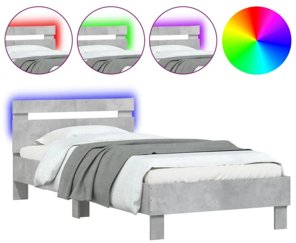 betonszürke ágykeret fejtámlával és LED-világítással 100x200 cm