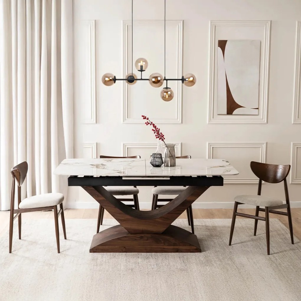 Bővíthető Márványhatású Kerámia Étkezőasztal Fehér/Dió Színben. ALICANTE 160-200 cm