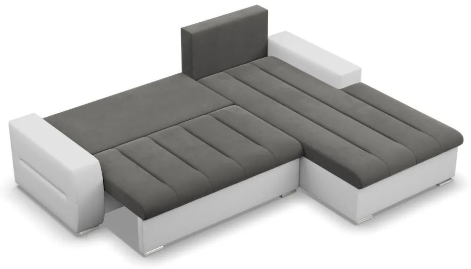 Toronto sarokkanapé, 2 ágyneműtartóval, bársony + műbőr, jobboldali, szürke - fehér