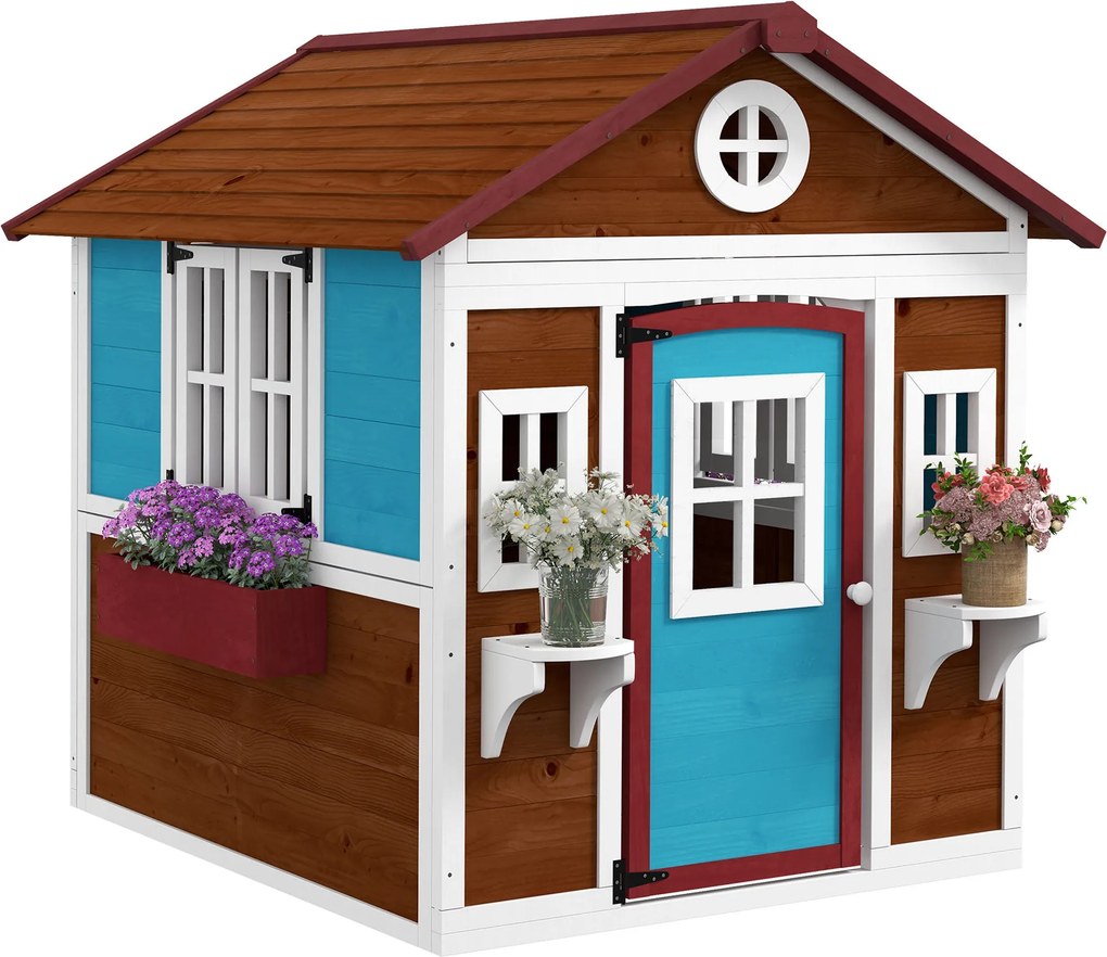 Outsunny Gyermek Kertiház Fa Játék Házikó Gyerekeknek Ajtóval Ablakokkal Virágtartókkal és Virág Támogatásokkal 114x126,4x135 cm Sötétbarna | Aosom