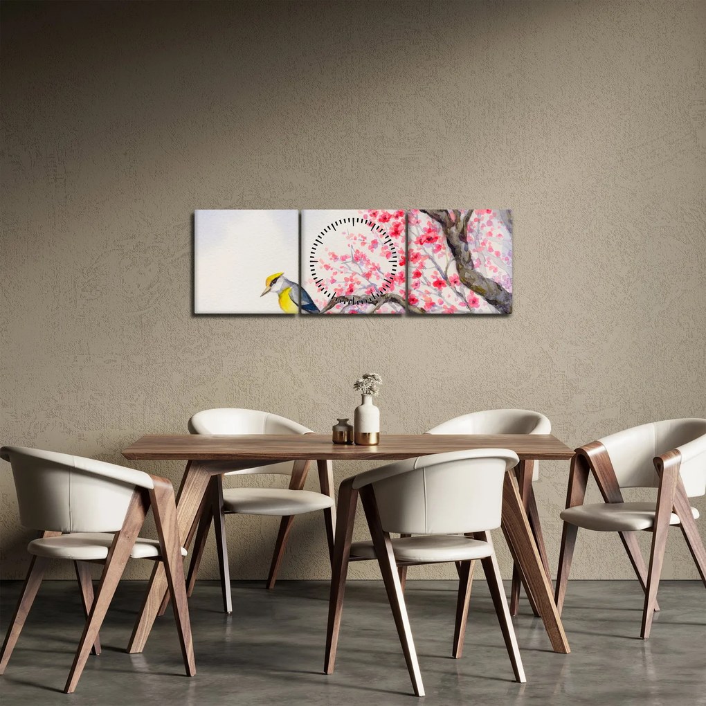 Kép - Madár egy fán, piros virágokkal (órával) (90x30 cm)