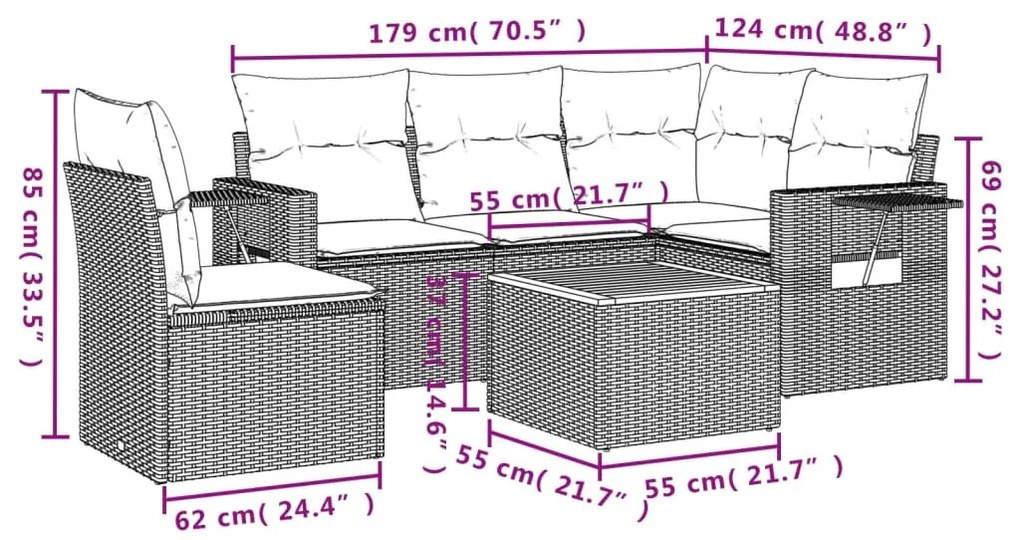 6 részes vegyes bézs polyrattan kerti ülőgarnitúra párnákkal