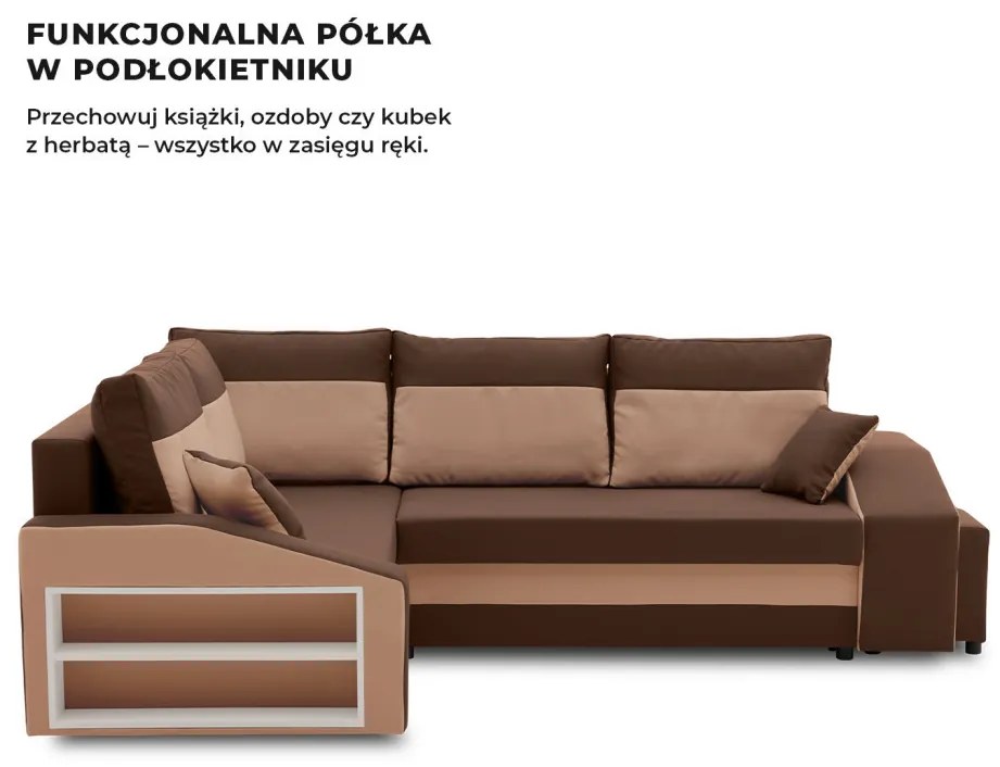 Grande sarokkanapé polcokkal és puffokkal , polc a bal karfaban puffok a jobb karfaban, baloldali, szövet anyag, hab töltet, barna