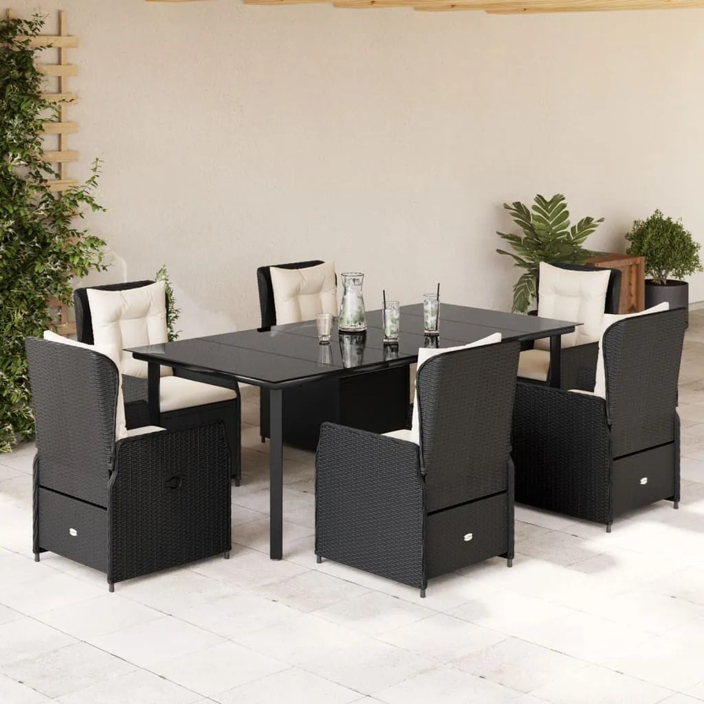 7 részes fekete polyrattan kerti étkezőgarnitúra párnával