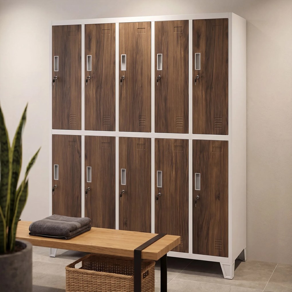 Munkavédelmi öltözőszekrény, 10 ajtós, fehér/dió, 1360x1720x450 mm: BARTEK Eco Design
