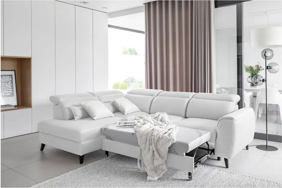 Fehér bársony kinyitható-tárolóhelyes sarokkanapé (bal oldali-L alakú) Noble – ELTAP