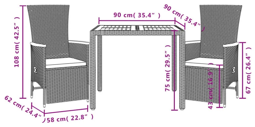 3 részes fekete polyrattan kerti étkezőgarnitúra párnákkal