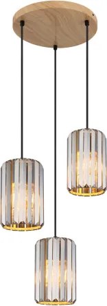 Globo 30229346 Függőlámpa, fém fa megjelenésű, füstszínű K5 kristályok, kábel textil fekete, ø: 350mm, M: 1200mm, 3x E27 60W 230V izzók nélkül