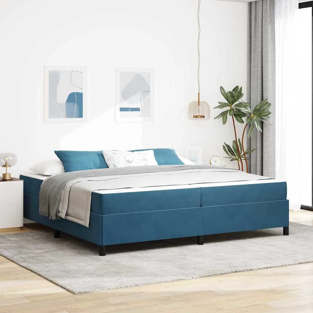 Ágykeret matracmal Sötétkék és fehér 200 x 200 cm Bársony