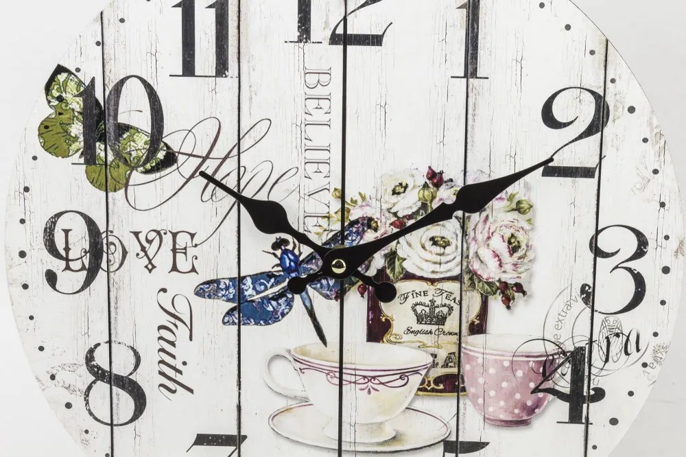 Hope Love Faith vintage pillangós csészes fa hatású számlapos kvarc falióra arab számokkal 34x34x3cm