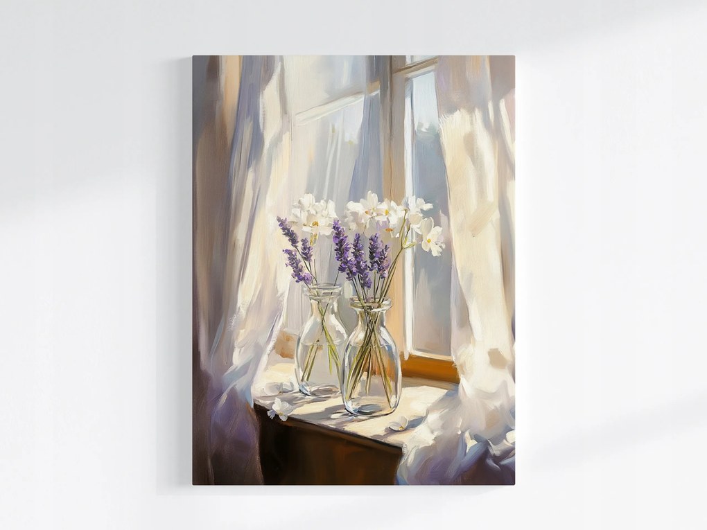 Vászonkép Canvas Dekoráció Ablak Függöny Váza Virágok Levendula 75x100