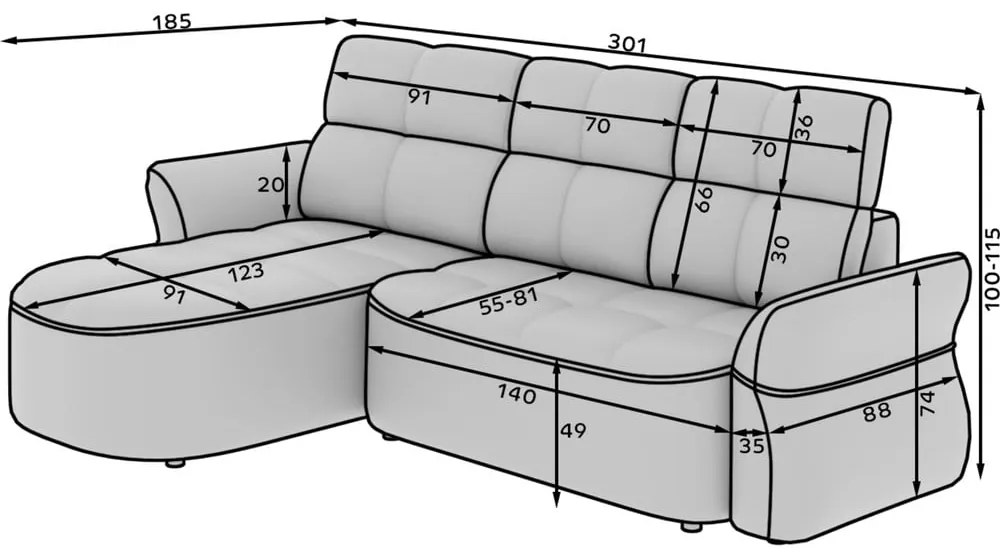 Sötétszürke bársony kinyitható-tárolóhelyes sarokkanapé (jobb oldali-heverő résszel) Beneth – ELTAP