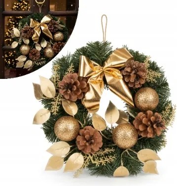 Karácsonyi Koszorú Tobozokkal És Arany Gömbökkel Zöld Arany 35 cm