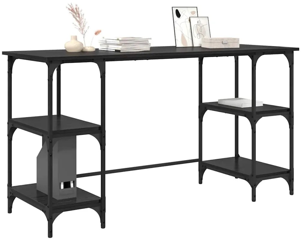 vidaXL Asztal polcokkal Fekete tölgy 140 x 50 x 75 cm Faanyag