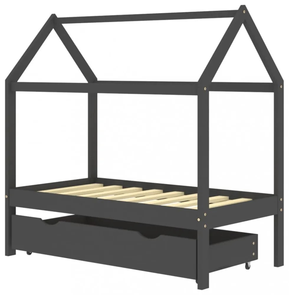 sötétszürke tömör fenyőfa gyerekágykeret fiókkal 70 x 140 cm