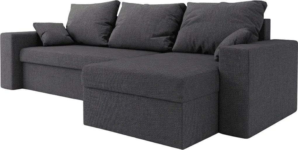 Kinyitható kétoldalas L alakú ülőgarnitúra NORIX 240x140 cm, sötétszürke polccal + 2 párnát INGYEN