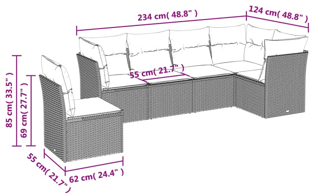 6 részes fekete polyrattan kerti ülőgarnitúra párnákkal