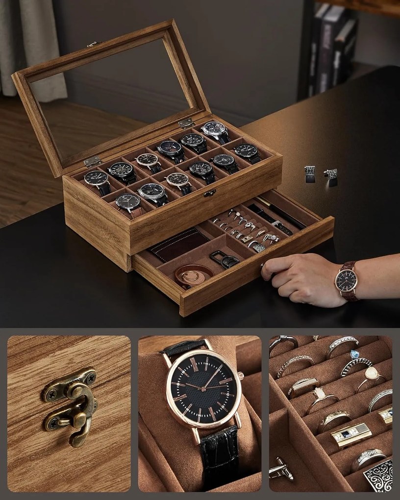 12 rekeszes óratartó doboz rusztikus dió színben