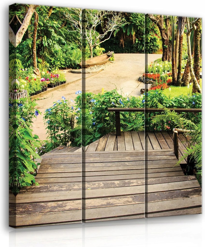 Vászonkép 90x100 Trópusi kert lépcső zöld virágok természet pihenés