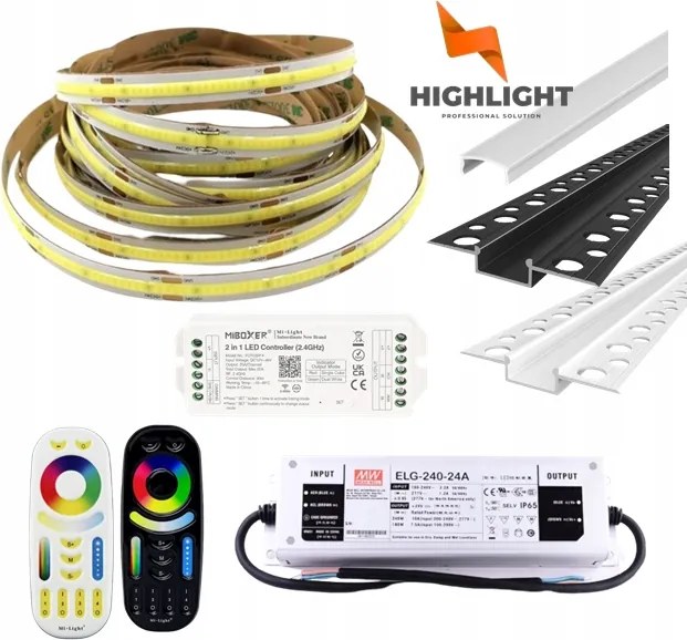 20m Homlokzati szett Cob Led szalag MoNo 10W 24V IP65 Profil Fehér/Fekete
