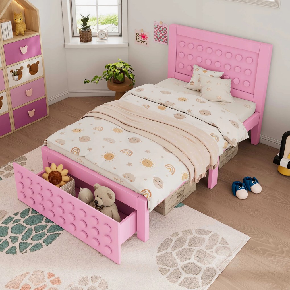 Fa egyszemélyes ágy 90x190 cm Gyerekágy fiókokkal rózsaszín