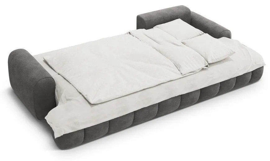 Szürke bársony kinyitható-tárolóhelyes sarokkanapé (jobb oldali-heverő résszel) Linz – Cosmopolitan Design